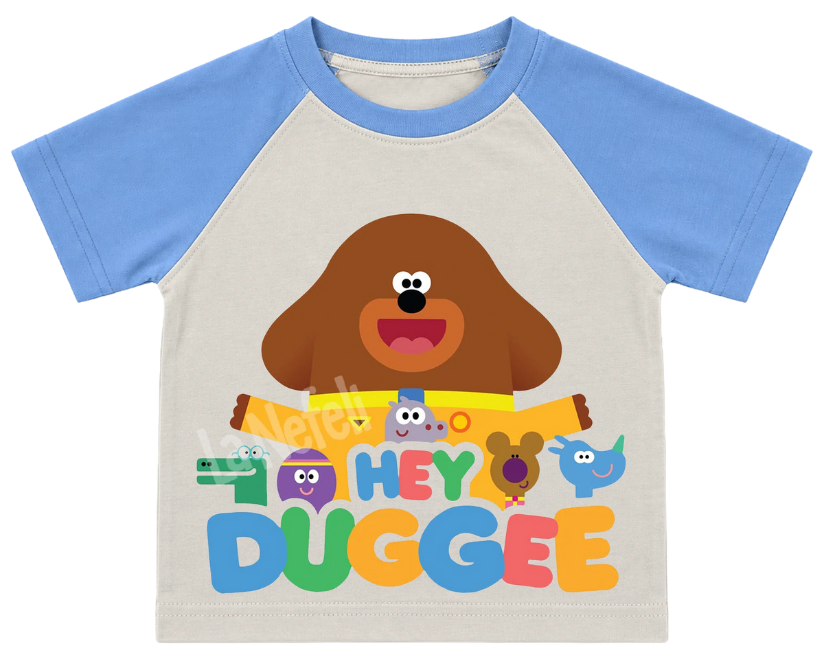 Hey Duggee and the Squirrels kids' T-shirt, raglan with blue sleeves