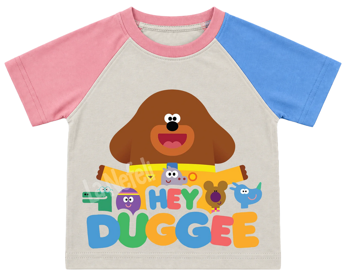 Hey Duggee and the Squirrels kids' T-shirt, pink and blue raglan sleeves, pink collar
