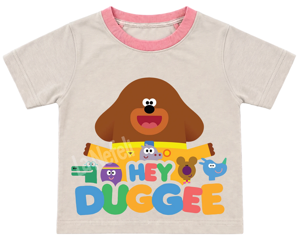 Hey Duggee and the Squirrels kids' T-shirt, cream with a pink neckline