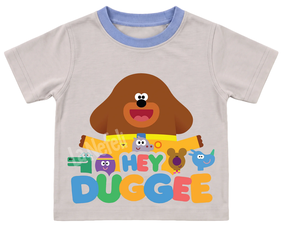 Hey Duggee and the Squirrels kids' T-shirt, cream with a blue neckline