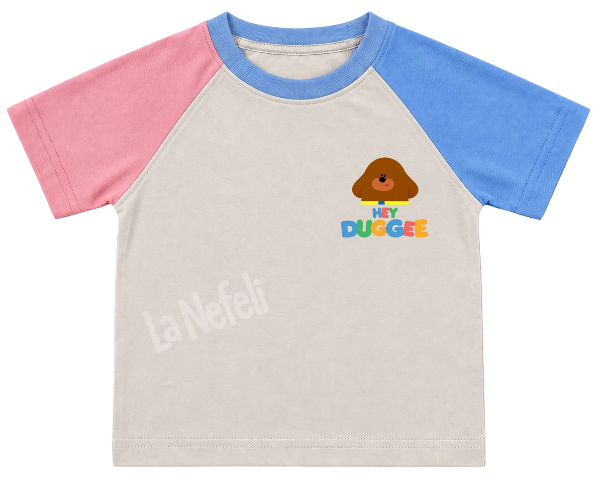 Hey Duggee rainbow kids' T-shirt, pink and blue raglan sleeves, blue collar, a small Hey Duggee logo on the chest