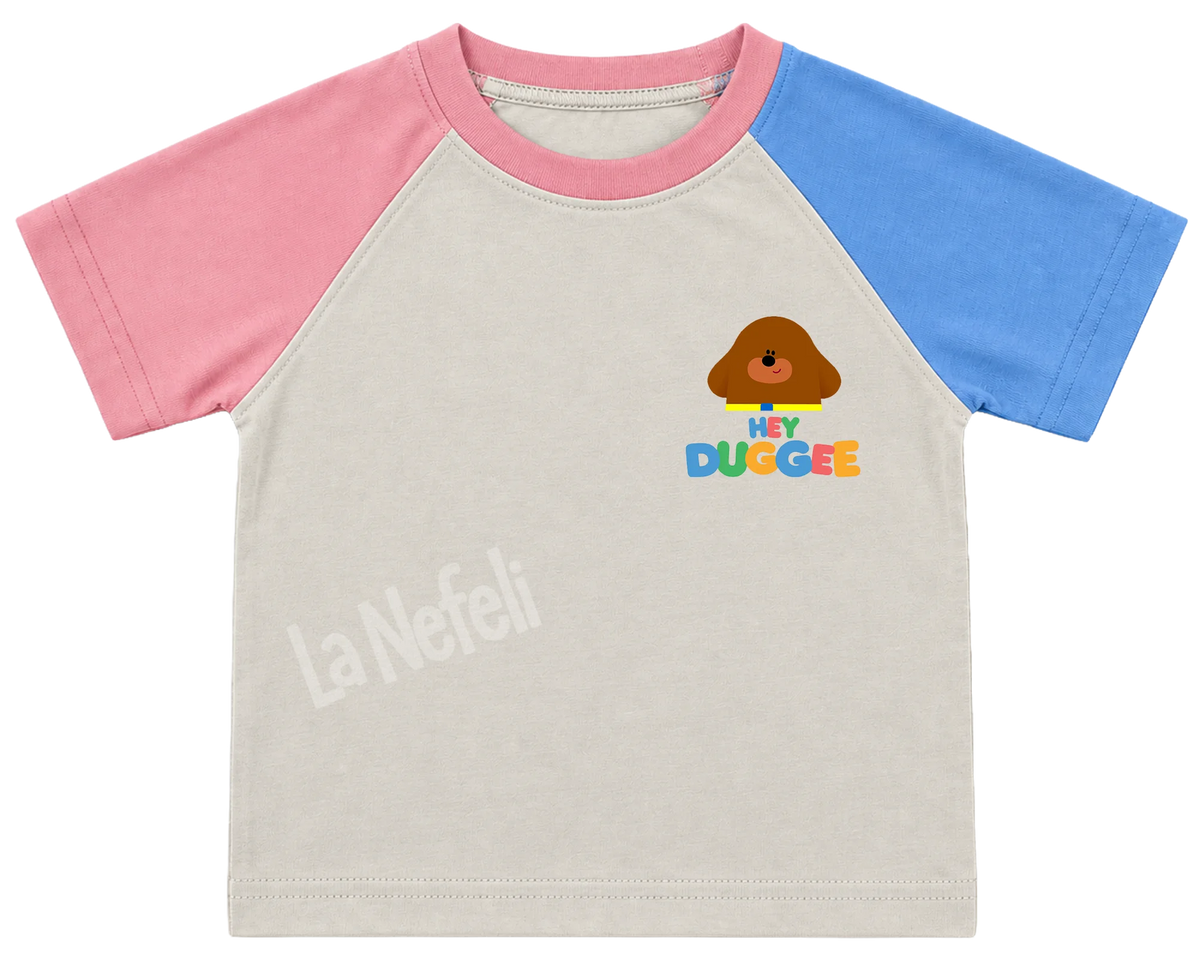 Hey Duggee rainbow kids' T-shirt, pink and blue raglan sleeves, pink collar, a small Hey Duggee logo on the chest