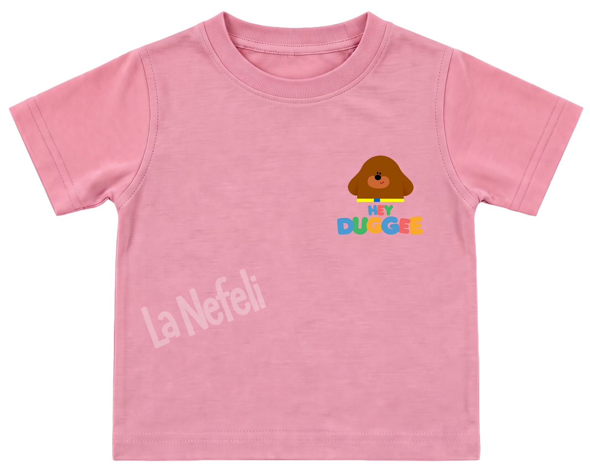 Hey Duggee rainbow kids' T-shirt, all pink, a small Hey Duggee logo on the chest