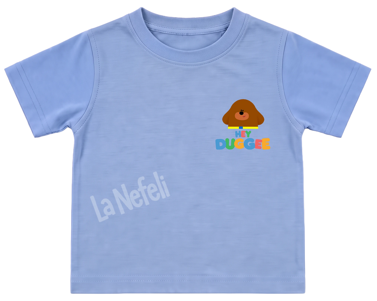 Hey Duggee rainbow kids' T-shirt, all blue, a small Hey Duggee logo on the chest