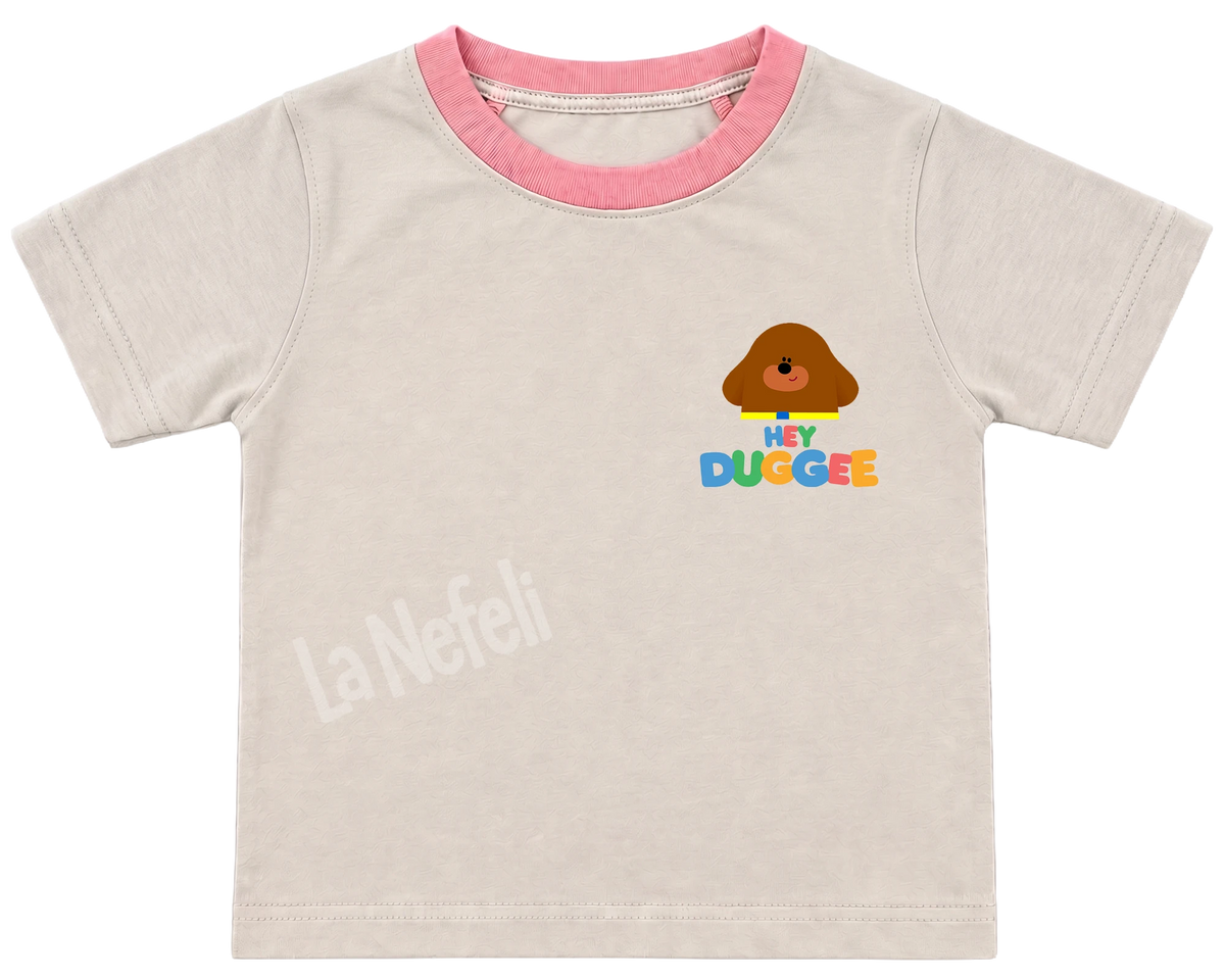 Hey Duggee rainbow kids' T-shirt, cream with a pink neckline, a small Hey Duggee logo on the chest