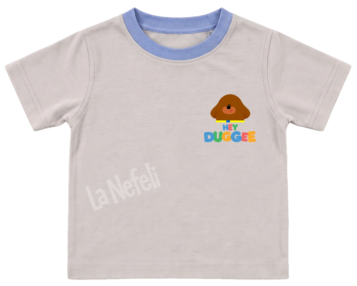 Hey Duggee rainbow kids' T-shirt, cream with a blue neckline, a small Hey Duggee logo on the chest