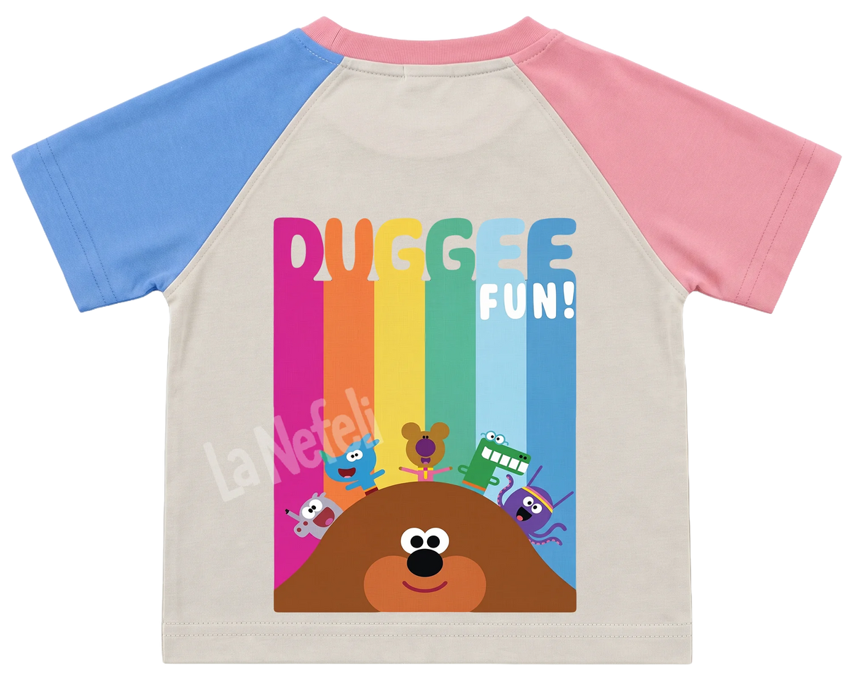 Hey Duggee rainbow kids' T-shirt, pink and blue raglan sleeves, pink collar, big print on the back