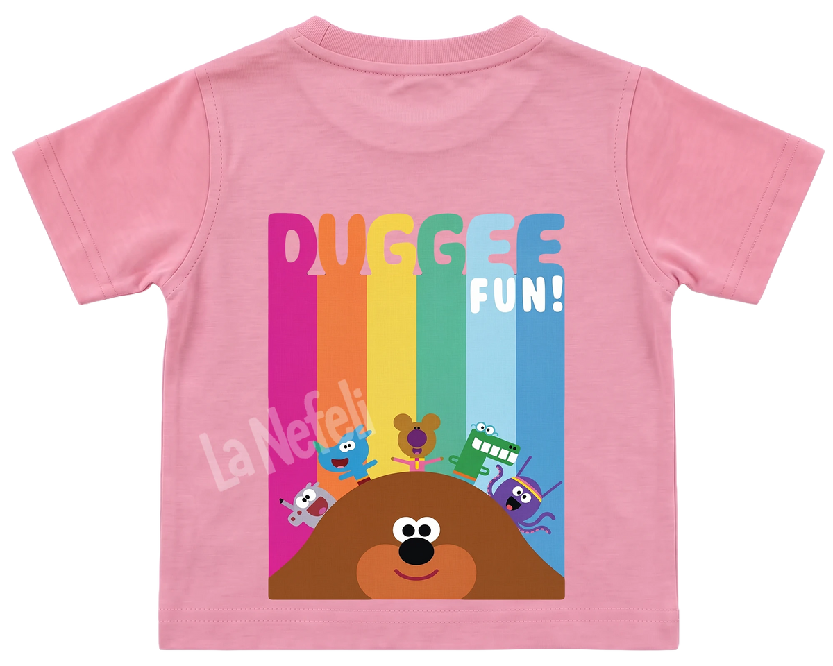 Hey Duggee rainbow kids' T-shirt, all pink, big print on the back