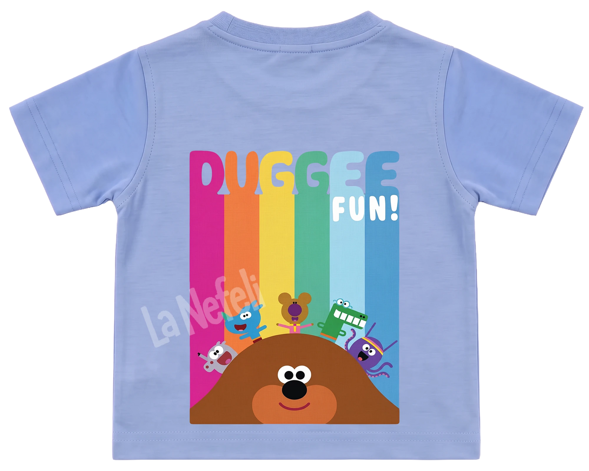 Hey Duggee rainbow kids' T-shirt, all blue, big print on the back