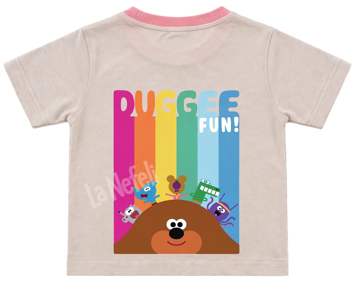 Hey Duggee rainbow kids' T-shirt, cream with a pink neckline, big print on the back