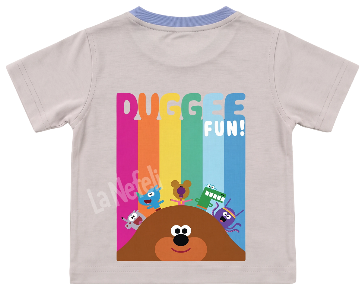 Hey Duggee rainbow kids' T-shirt, cream with a blue neckline, big print on the back