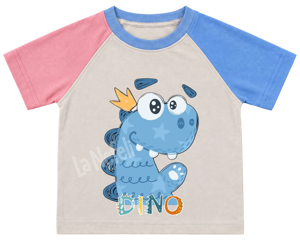Little blue dino kids' T-shirt, pink and blue raglan sleeves, blue collar