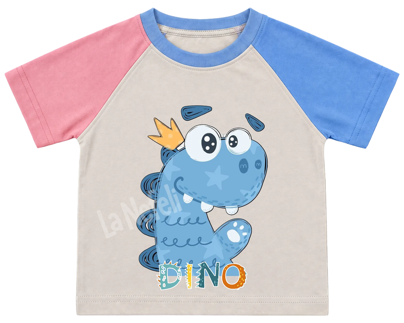 Little blue dino kids' T-shirt, pink and blue raglan sleeves, blue collar