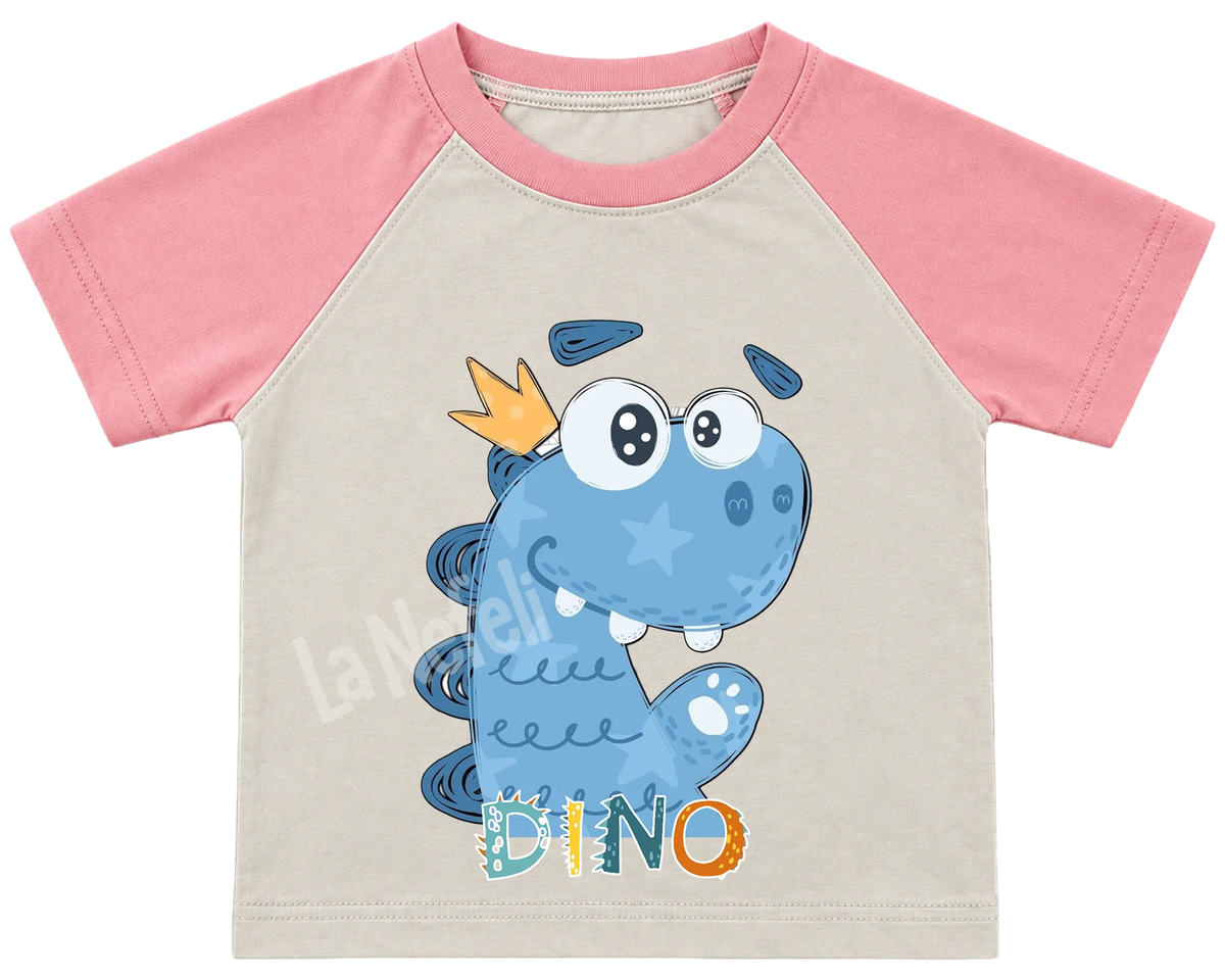 Little blue dino kids' T-shirt, raglan with pink sleeves