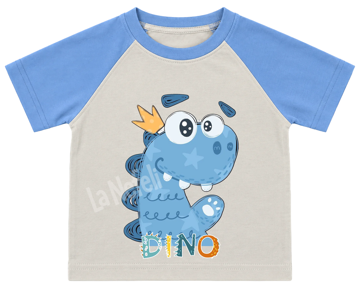 Little blue dino kids' T-shirt, raglan with blue sleeves