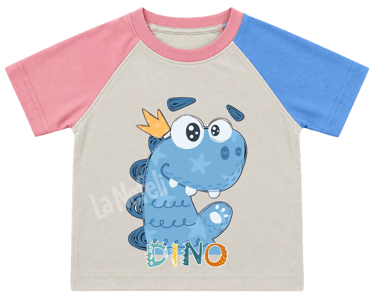 Little blue dino kids' T-shirt, pink and blue raglan sleeves, pink collar