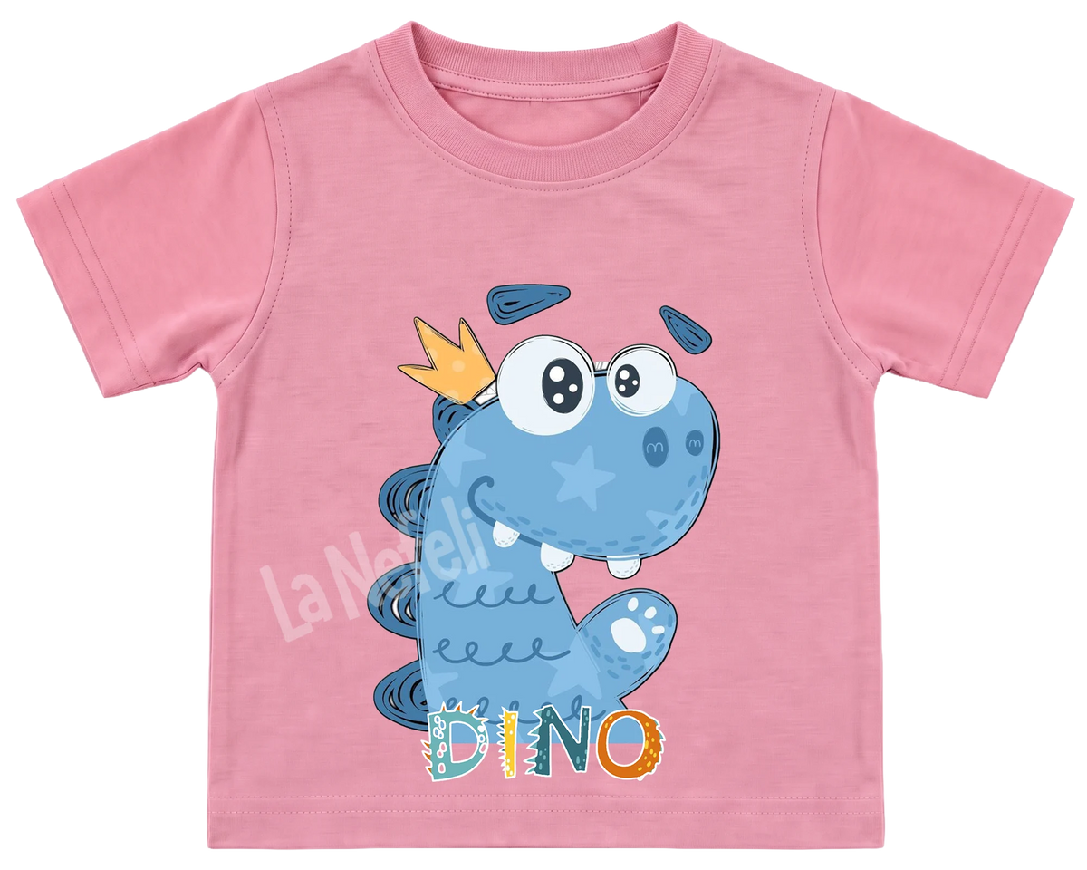 Little blue dino kids' T-shirt, all pink