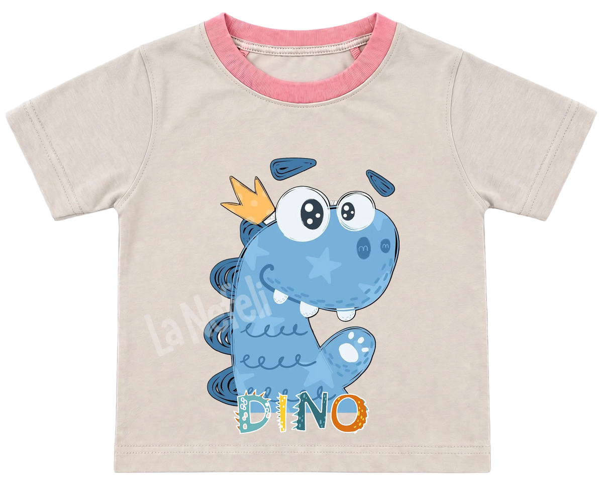 Little blue dino kids' T-shirt, cream with a pink neckline