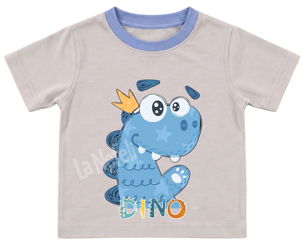 Little blue dino kids' T-shirt, cream with a blue neckline