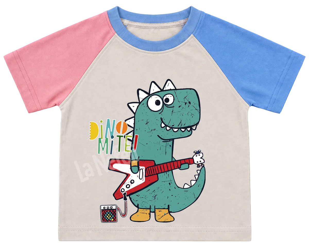 Dino-Mite guitar dinosaur kids' T-shirt, pink and blue raglan sleeves, blue collar