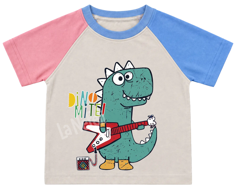 Dino-Mite guitar dinosaur kids' T-shirt, pink and blue raglan sleeves, blue collar