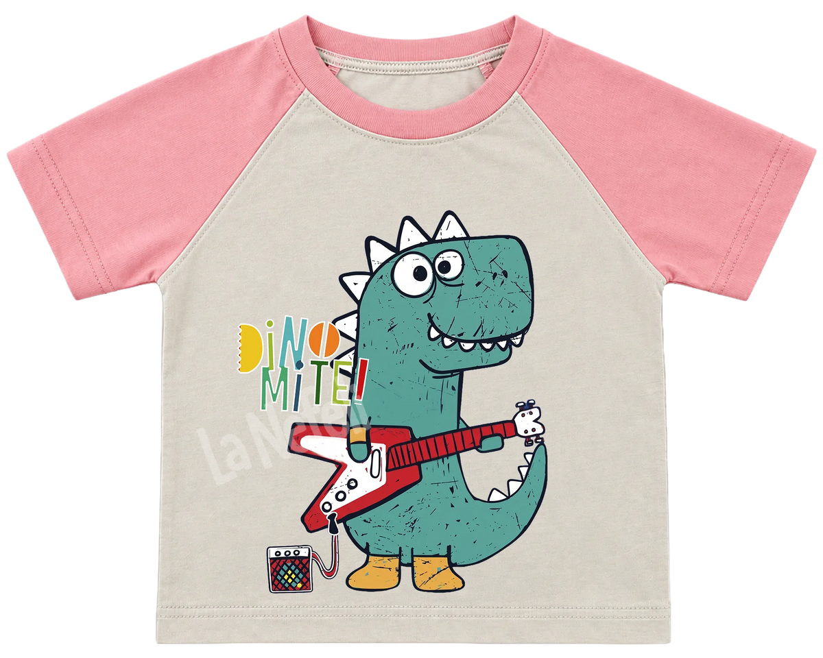 Dino-Mite guitar dinosaur kids' T-shirt, raglan with pink sleeves