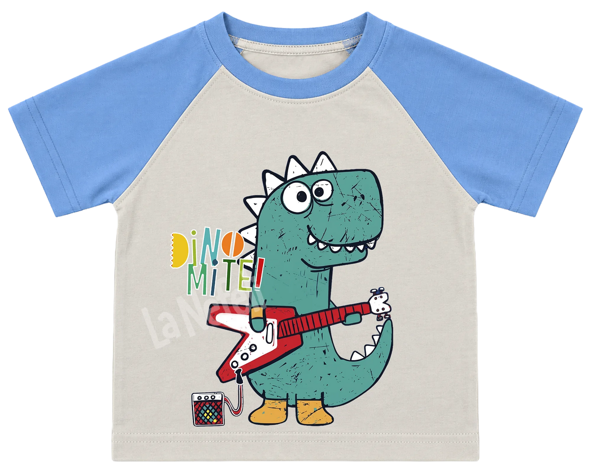 Dino-Mite guitar dinosaur kids' T-shirt, raglan with blue sleeves