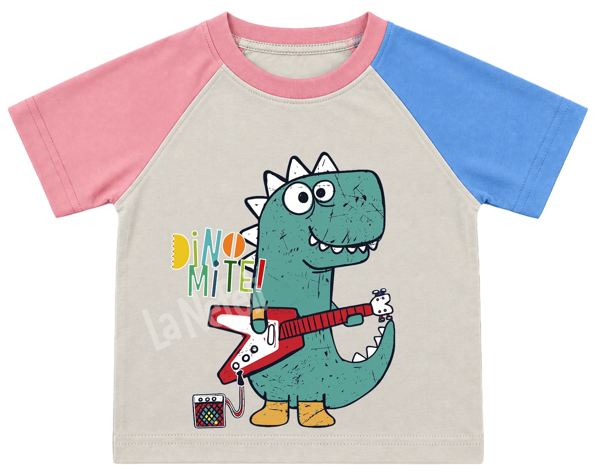 Dino-Mite guitar dinosaur kids' T-shirt, pink and blue raglan sleeves, pink collar