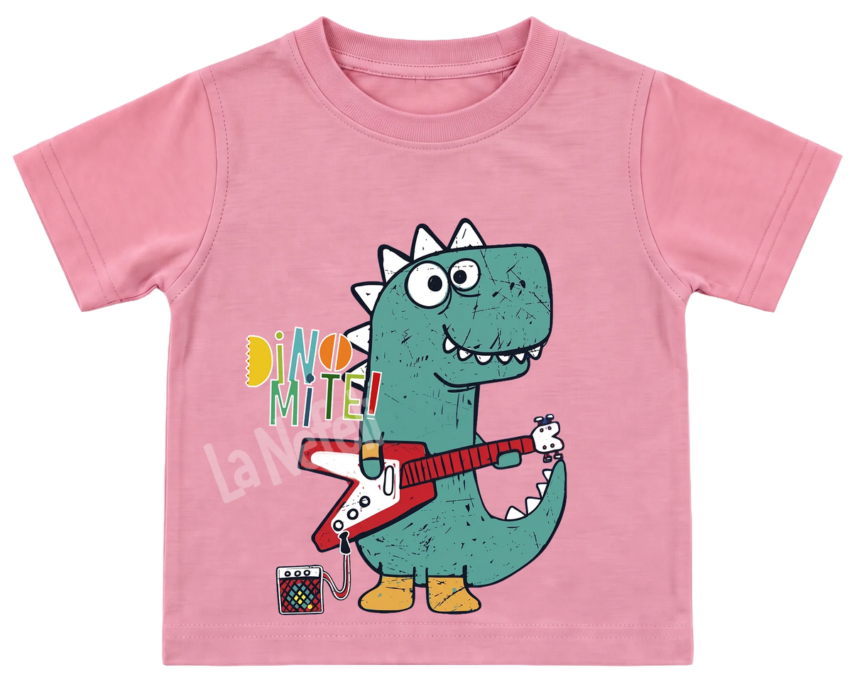 Dino-Mite guitar dinosaur kids' T-shirt, all pink