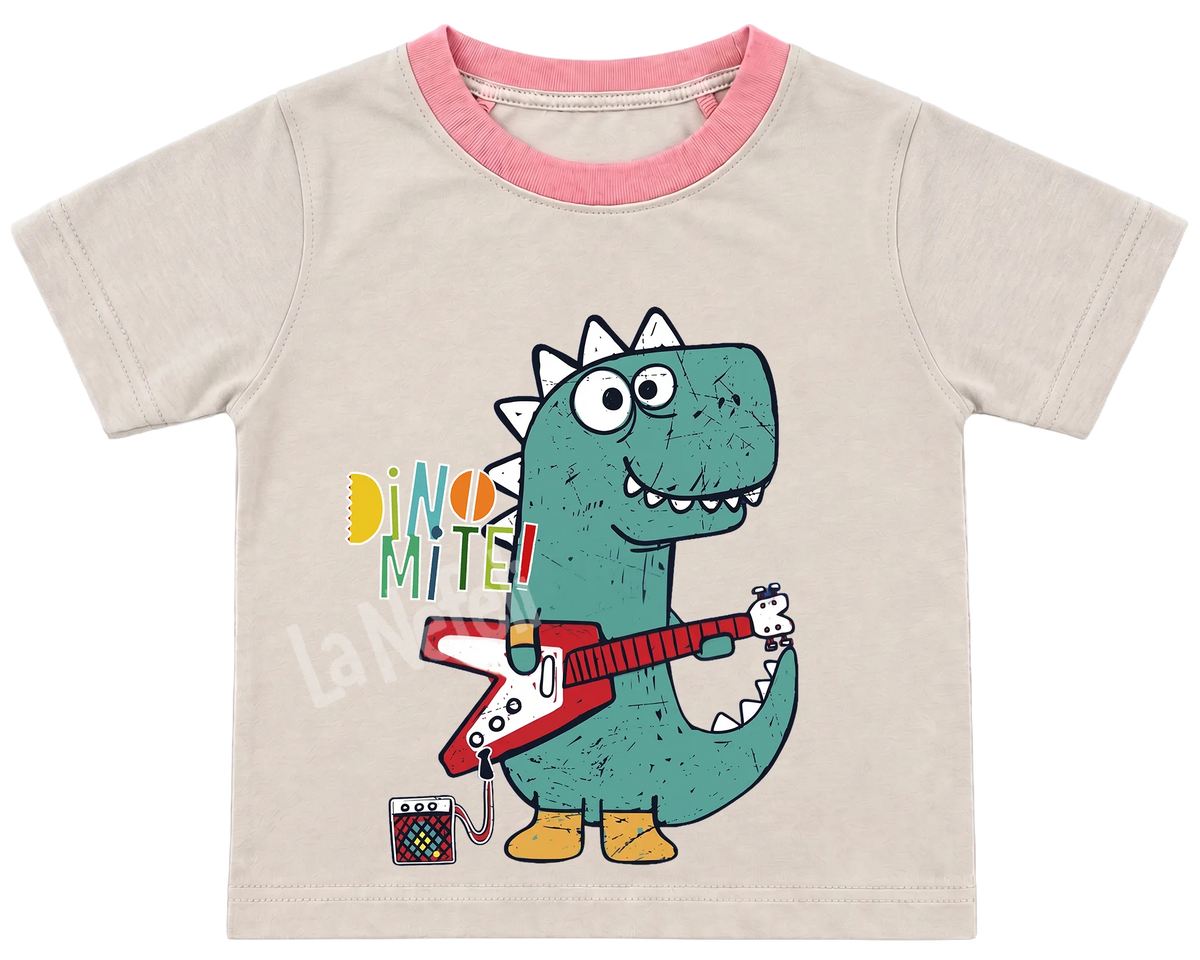 Dino-Mite guitar dinosaur kids' T-shirt, cream with a pink neckline