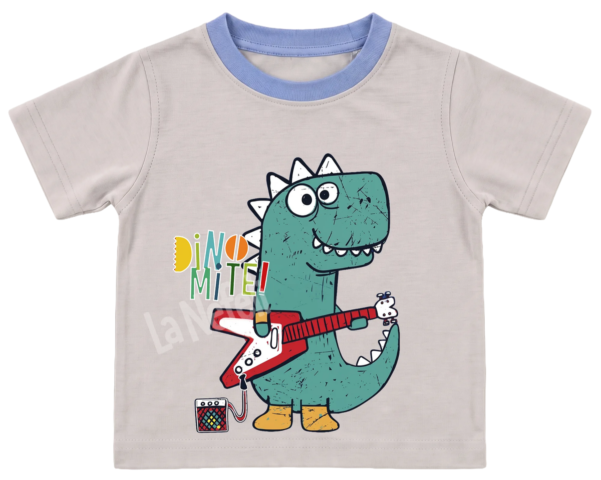 Dino-Mite guitar dinosaur kids' T-shirt, cream with a blue neckline