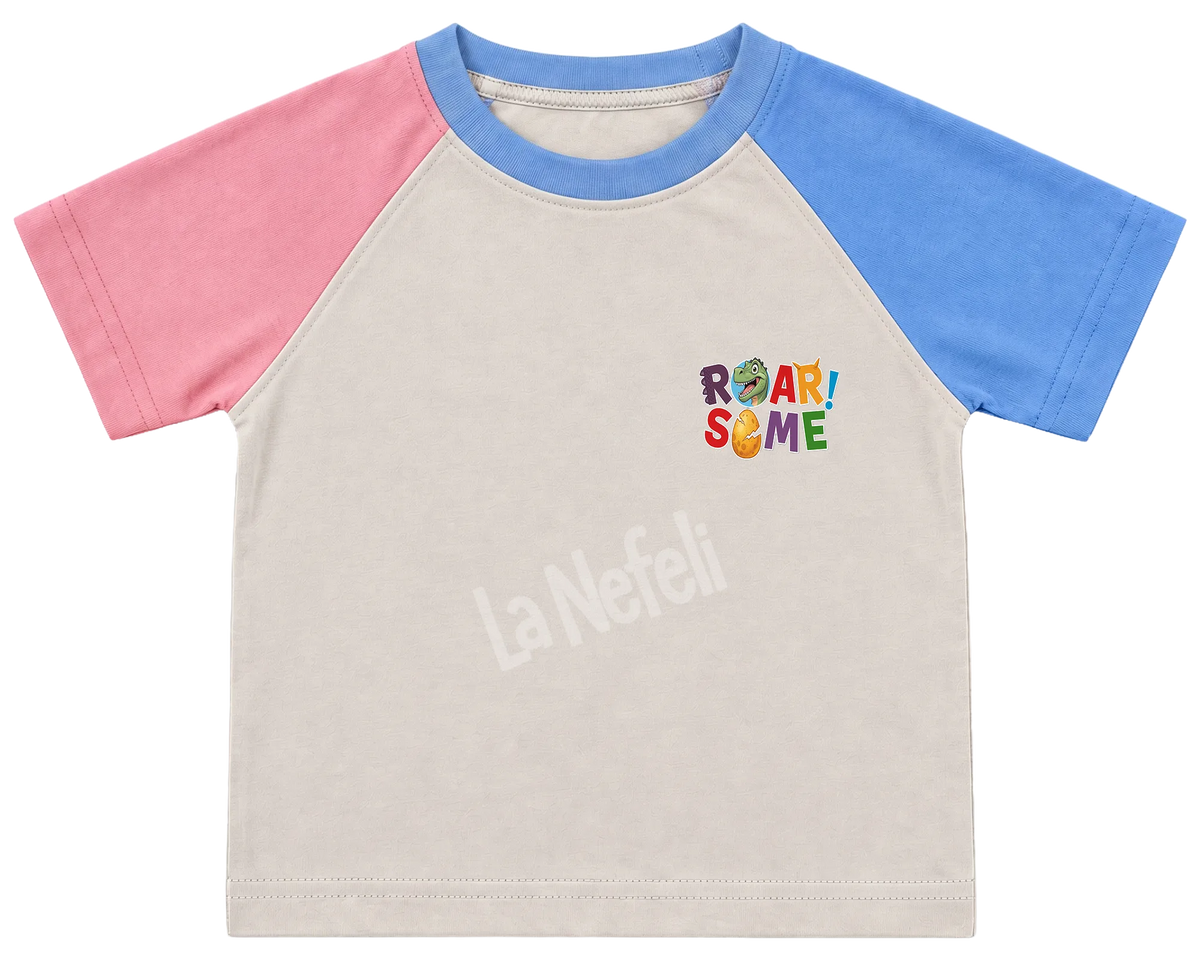 Roarsome dinosaurs kids' T-shirt, pink and blue raglan sleeves, blue collar, a small Roarsome logo on the chest