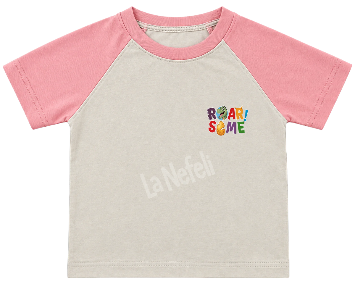 Roarsome dinosaurs kids' T-shirt, raglan with pink sleeves, a small Roarsome logo on the chest