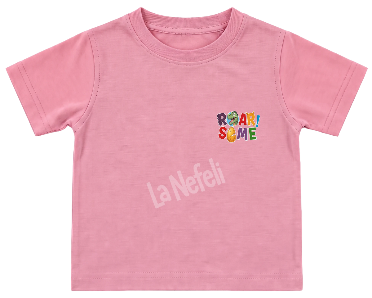 Roarsome dinosaurs kids' T-shirt, all pink, a small Roarsome logo on the chest