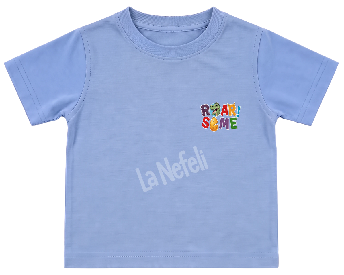 Roarsome dinosaurs kids' T-shirt, all blue, a small Roarsome logo on the chest