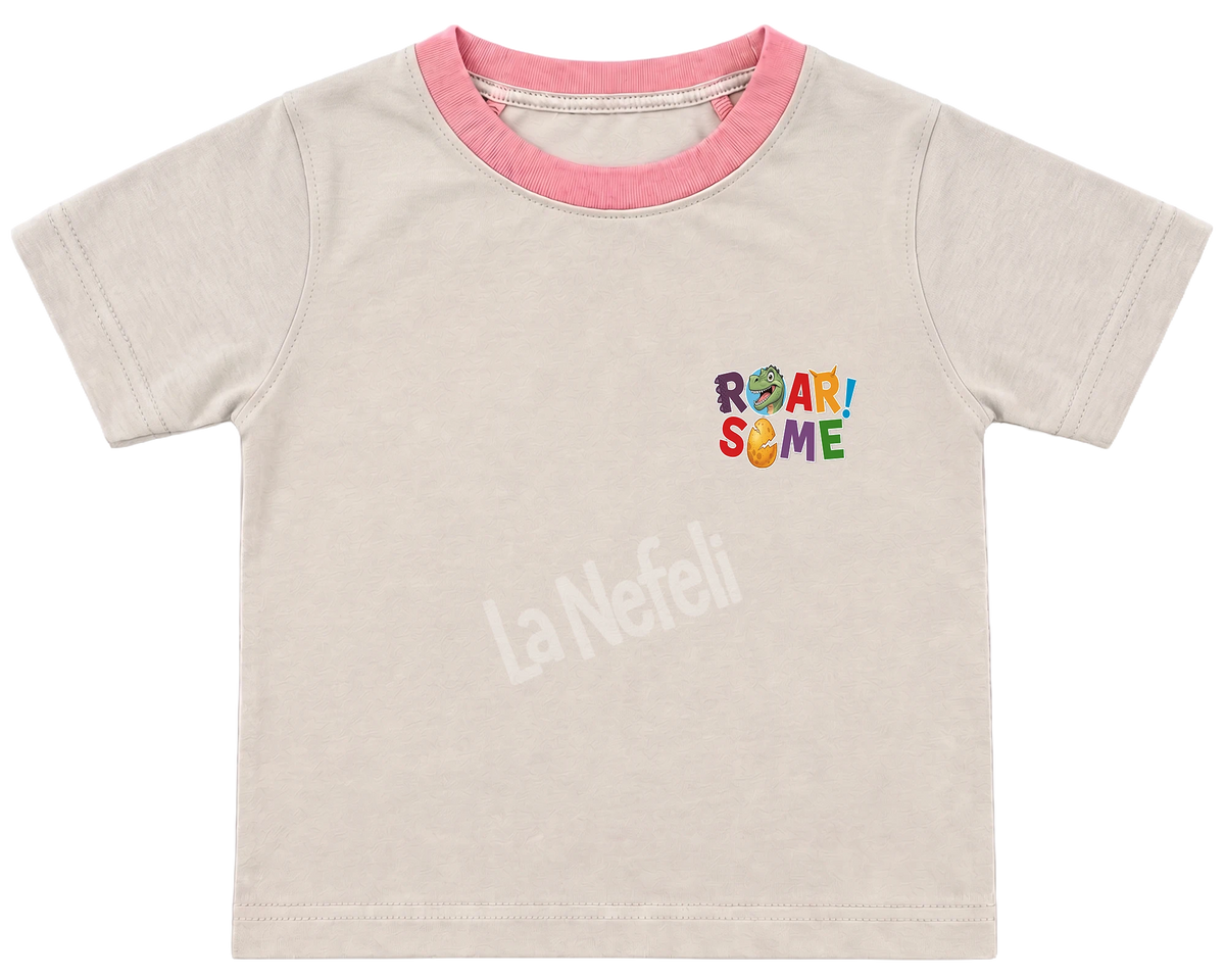 Roarsome dinosaurs kids' T-shirt, cream with a pink neckline, a small Roarsome logo on the chest