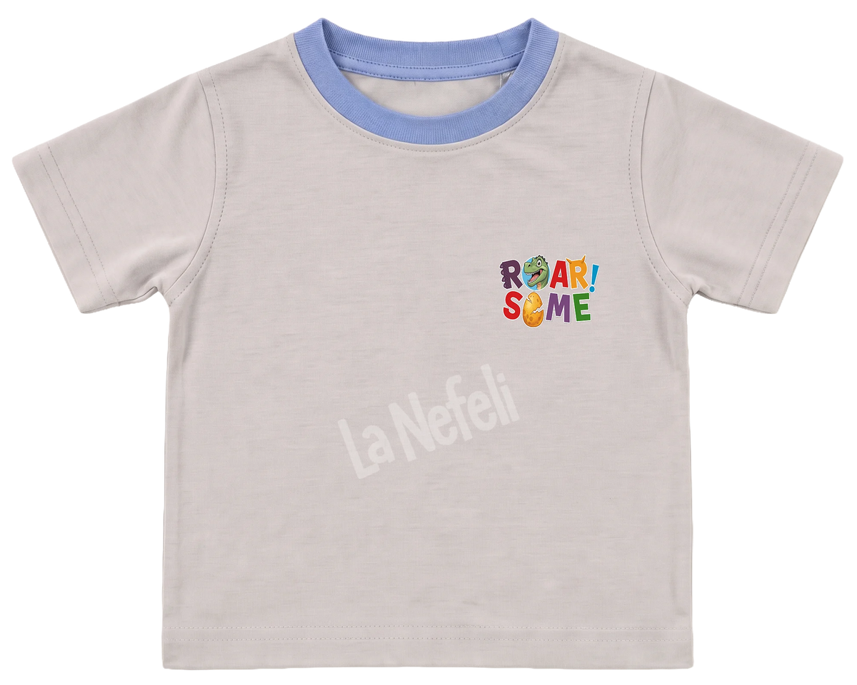 Roarsome dinosaurs kids' T-shirt, cream with a blue neckline, a small Roarsome logo on the chest