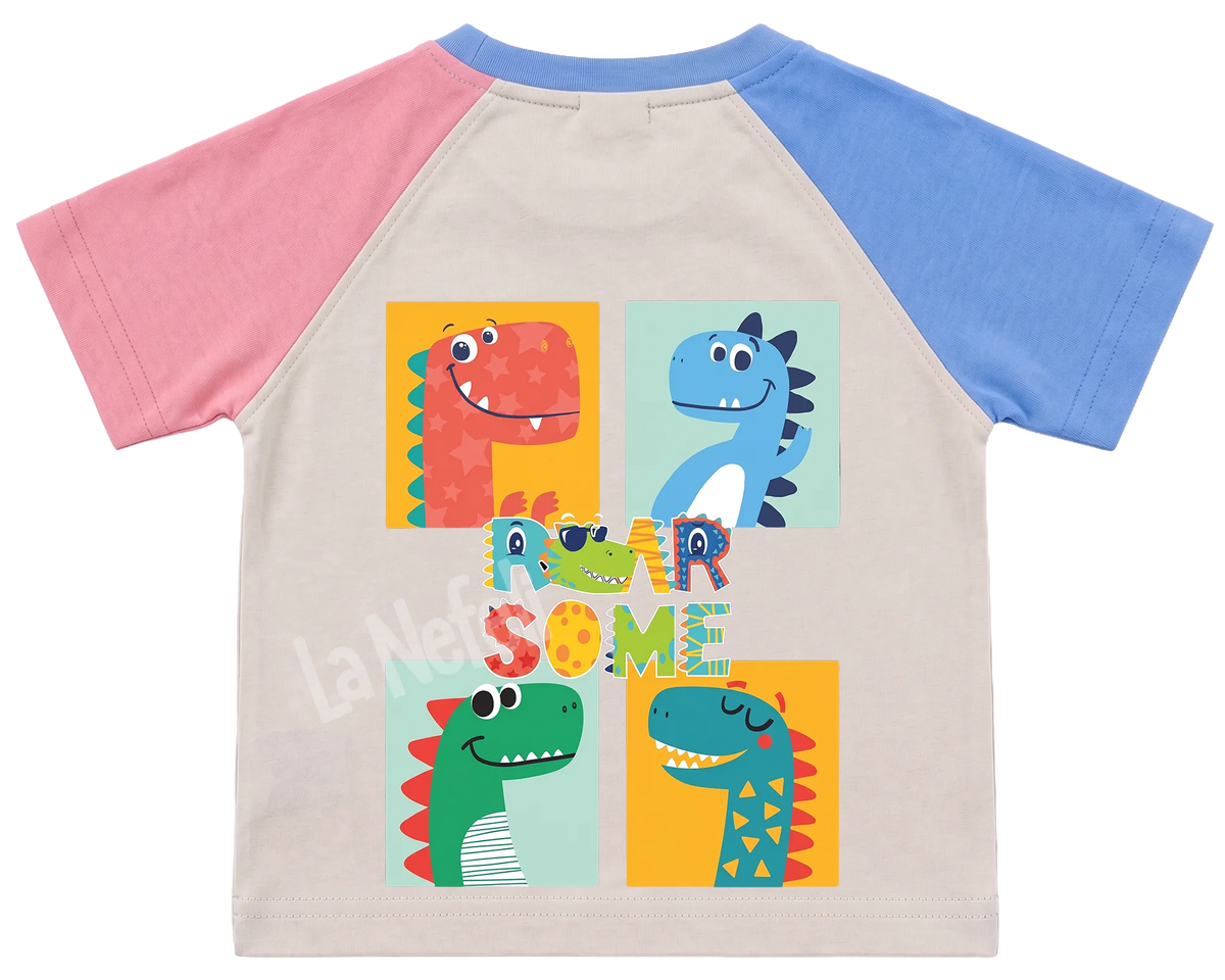 Roarsome dinosaurs kids' T-shirt, pink and blue raglan sleeves, blue collar, big print on the back