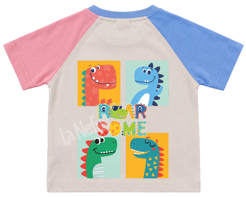 Roarsome dinosaurs kids' T-shirt, pink and blue raglan sleeves, blue collar, big print on the back