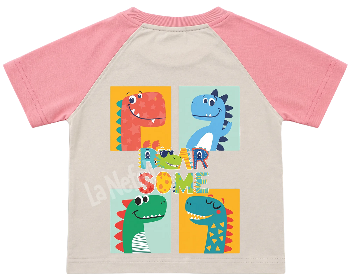 Roarsome dinosaurs kids' T-shirt, raglan with pink sleeves, big print on the back