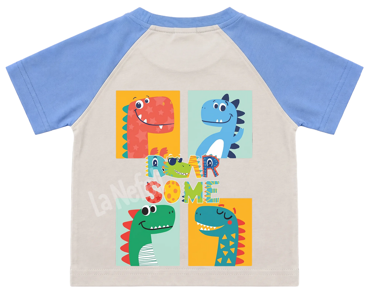 Roarsome dinosaurs kids' T-shirt, raglan with blue sleeves, big print on the back