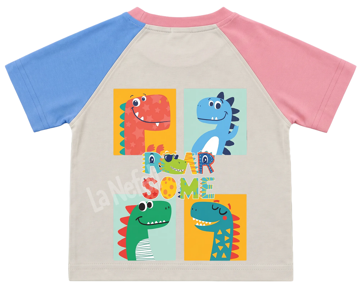 Roarsome dinosaurs kids' T-shirt, pink and blue raglan sleeves, pink collar, big print on the back
