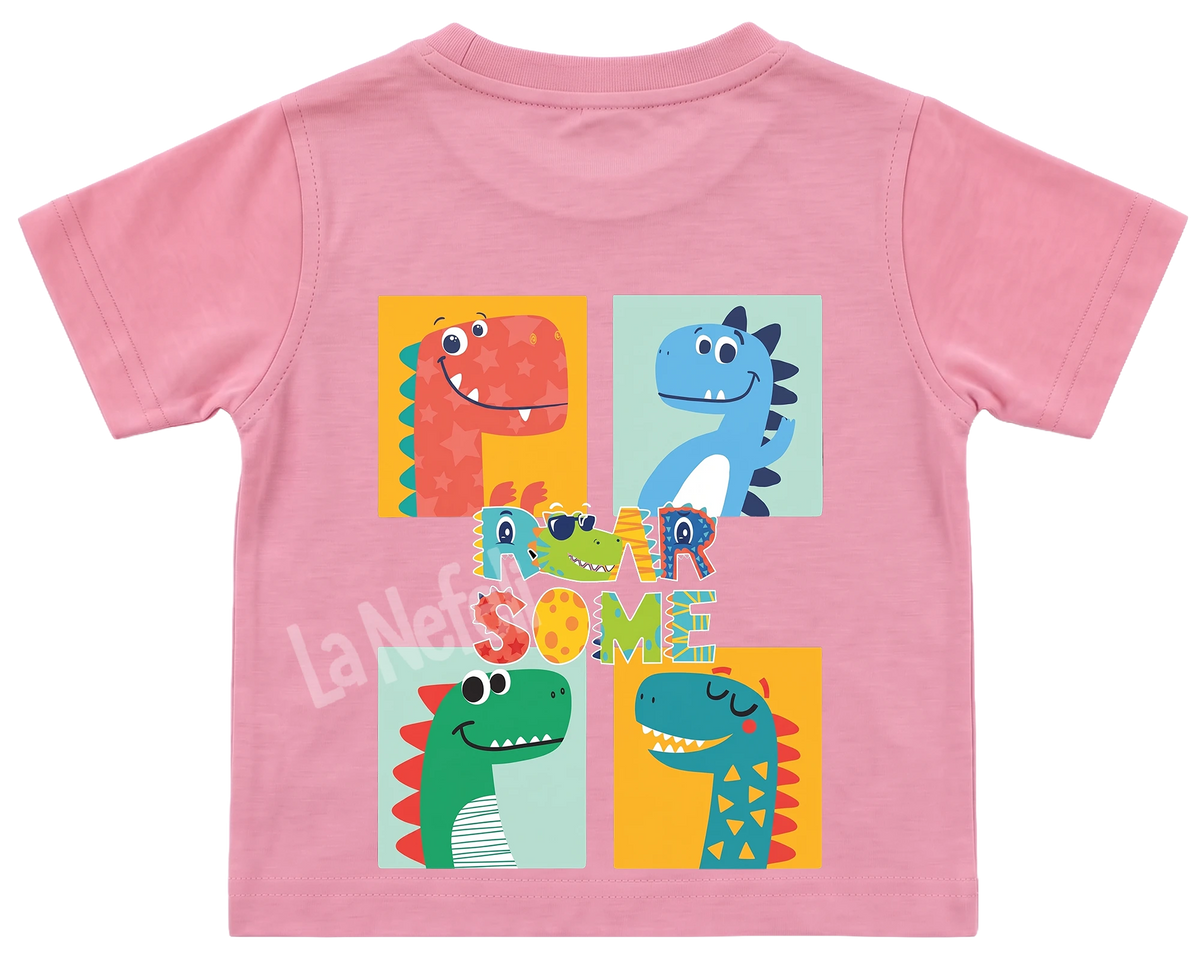 Roarsome dinosaurs kids' T-shirt, all pink, big print on the back