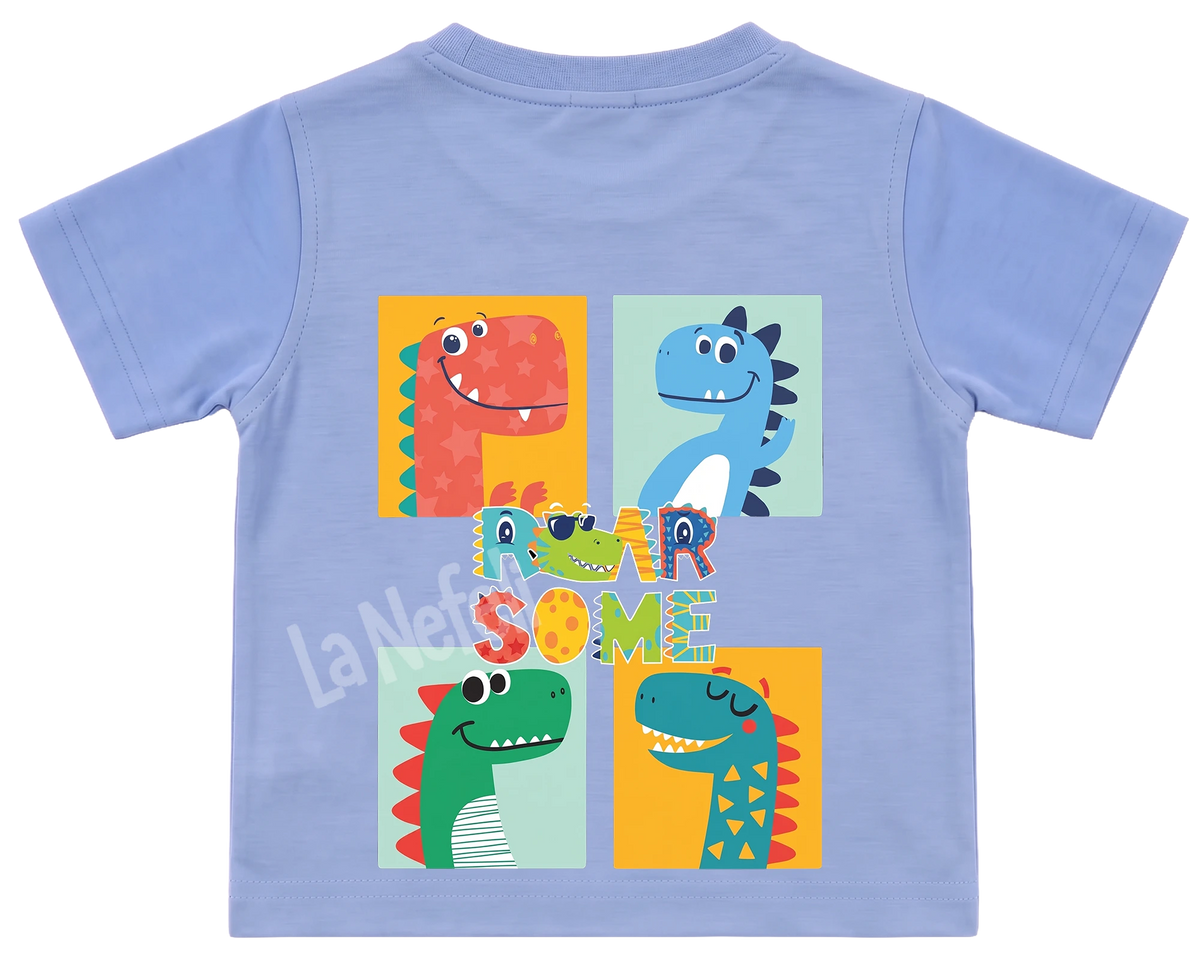 Roarsome dinosaurs kids' T-shirt, all blue, big print on the back