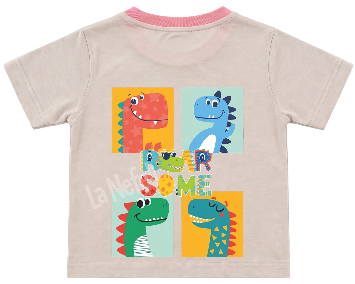 Roarsome dinosaurs kids' T-shirt, cream with a pink neckline, big print on the back