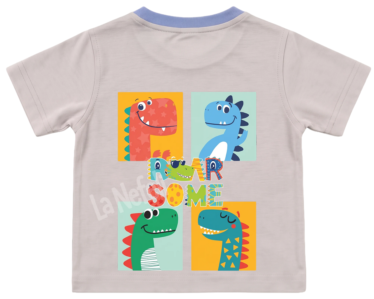 Roarsome dinosaurs kids' T-shirt, cream with a blue neckline, big print on the back