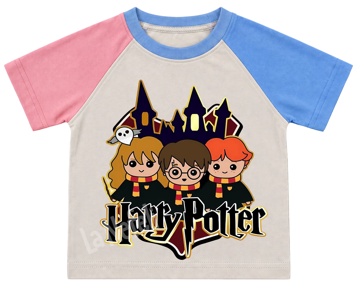 Harry Potter trio kids' T-shirt, pink and blue raglan sleeves, blue collar