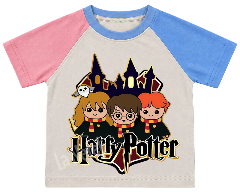 Harry Potter trio kids' T-shirt, pink and blue raglan sleeves, blue collar