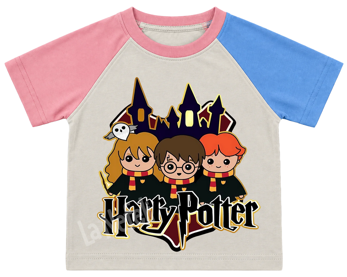 Harry Potter trio kids' T-shirt, pink and blue raglan sleeves, pink collar