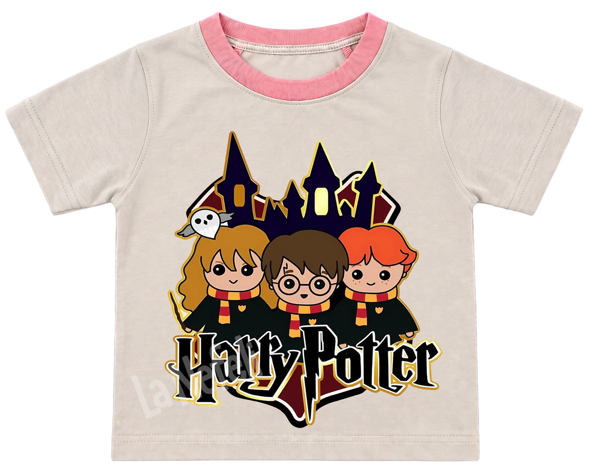Harry Potter trio kids' T-shirt, cream with a pink neckline